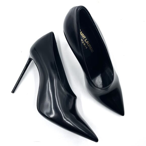 Saint Laurent Teddy 105 Pumps Black Patent High Vamp Pointed Toe Heels Sz 38 / 8 - Picture 1 of 8